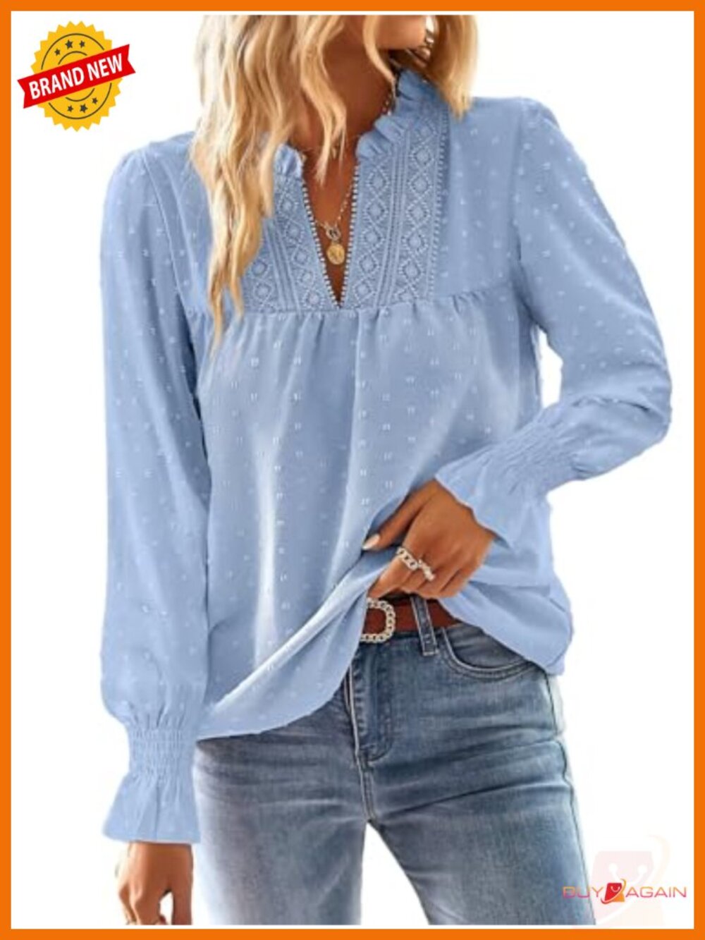 Womens Boho Tunic Top V-Neck Crochet Lace Long Sleeve Blouse 100% Polyester